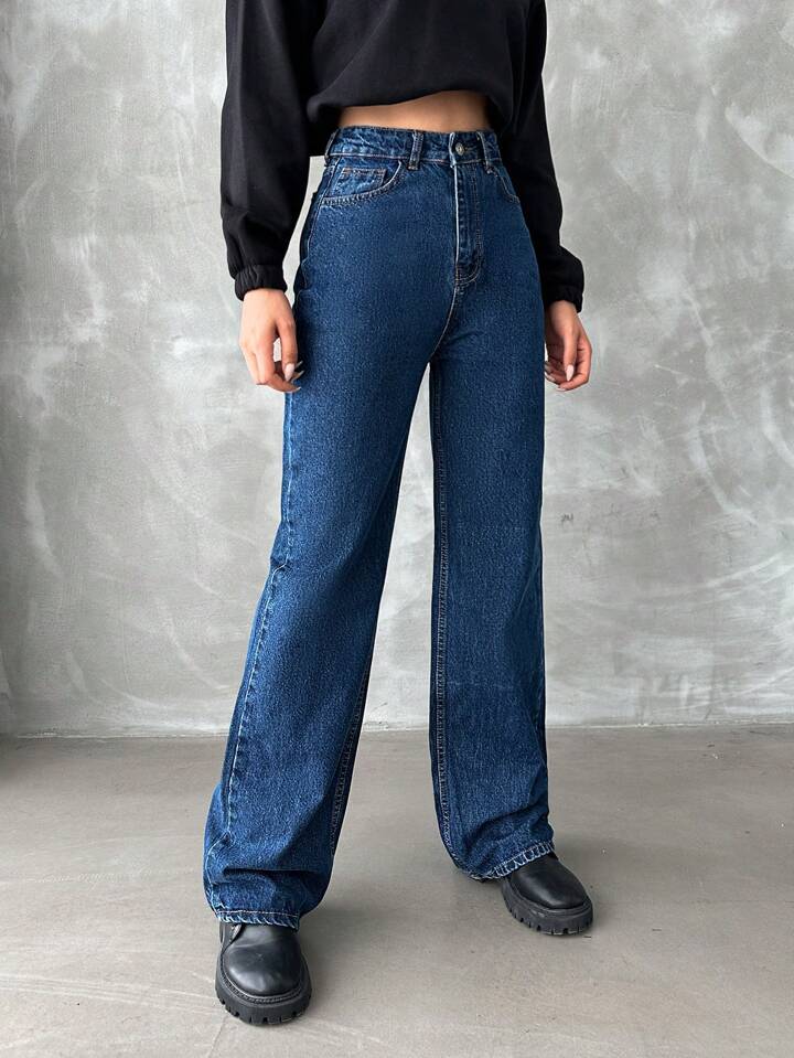 High Waist Dark Stone Blue Wide Leg Denim