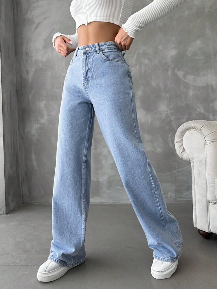 High Waist Ice Blue Wide Leg Jeans