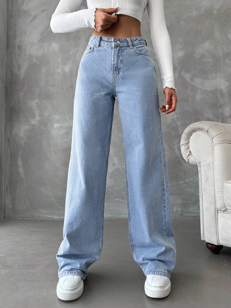 High Waist Ice Blue Wide Leg Jeans