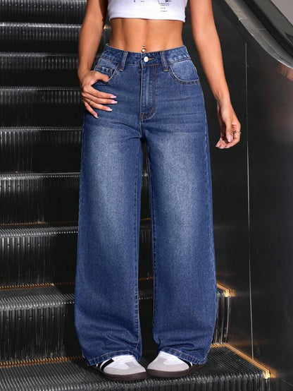 High Waist Dark Whisker Spray Wash Wide Leg Jeans