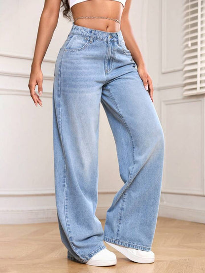 High Waist Ice Whisker Spray Wash Wide Leg Jeans
