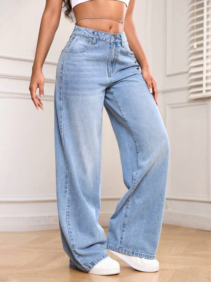 High Waist Ice Whisker Spray Wash Wide Leg Jeans