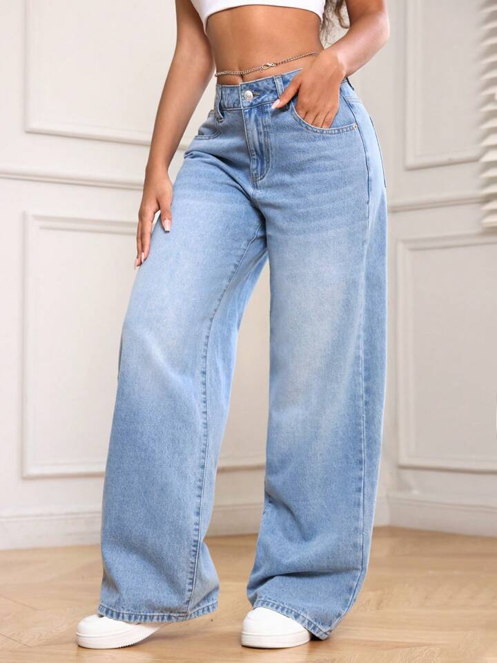 High Waist Ice Whisker Spray Wash Wide Leg Jeans