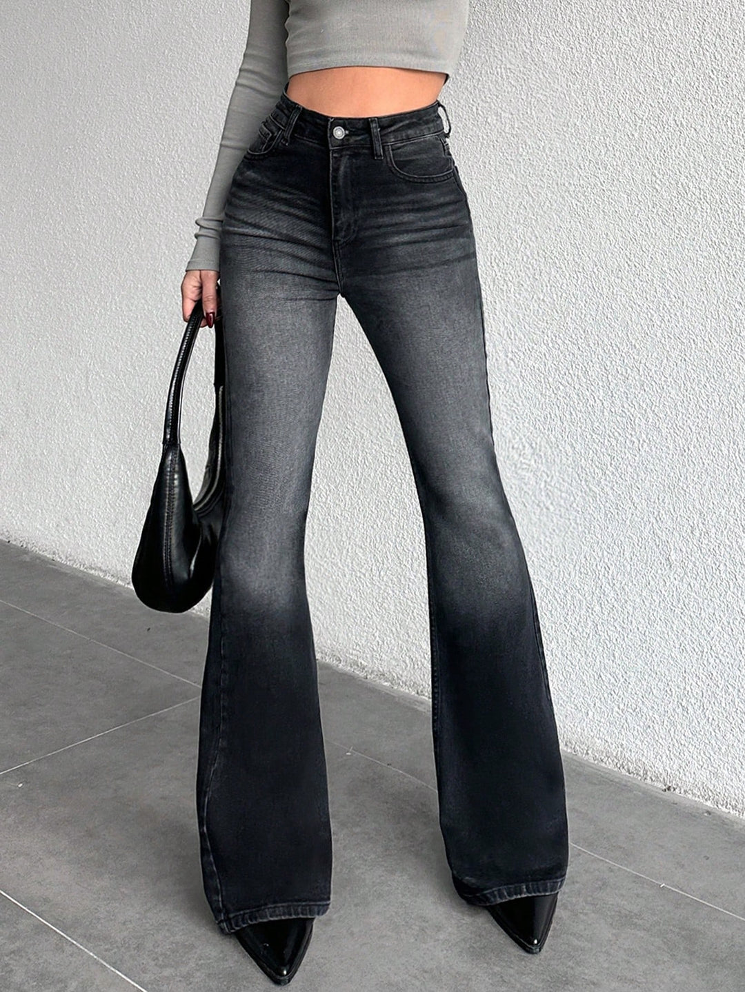 Black Whisker Wash Highwaist Boot Cut Jeans
