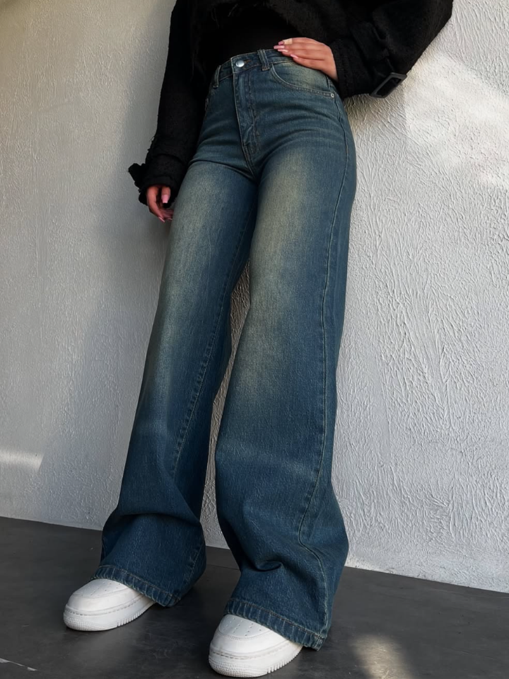 Vintage Whisker Wash High Waist Super Wide Leg Jeans