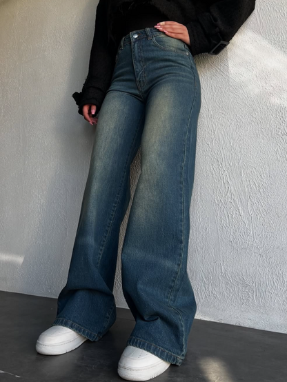 Vintage Whisker Wash High Waist Super Wide Leg Jeans