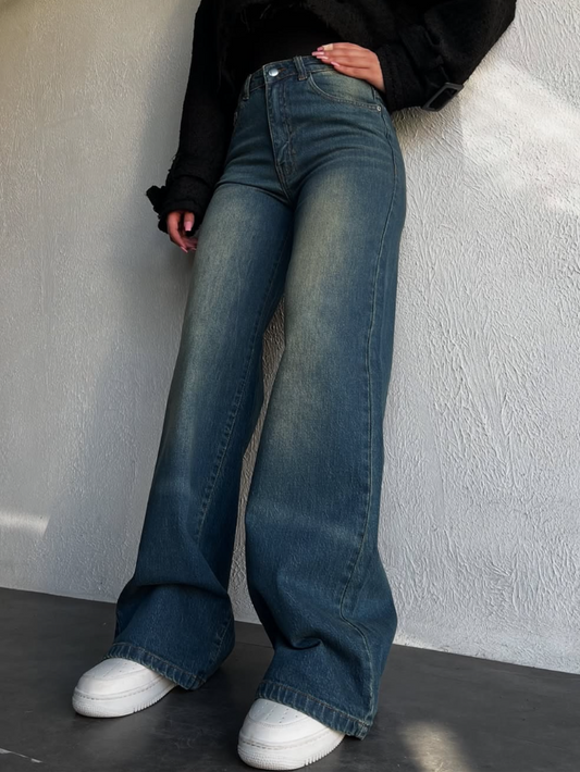 Vintage Whisker Wash High Waist Super Wide Leg Jeans