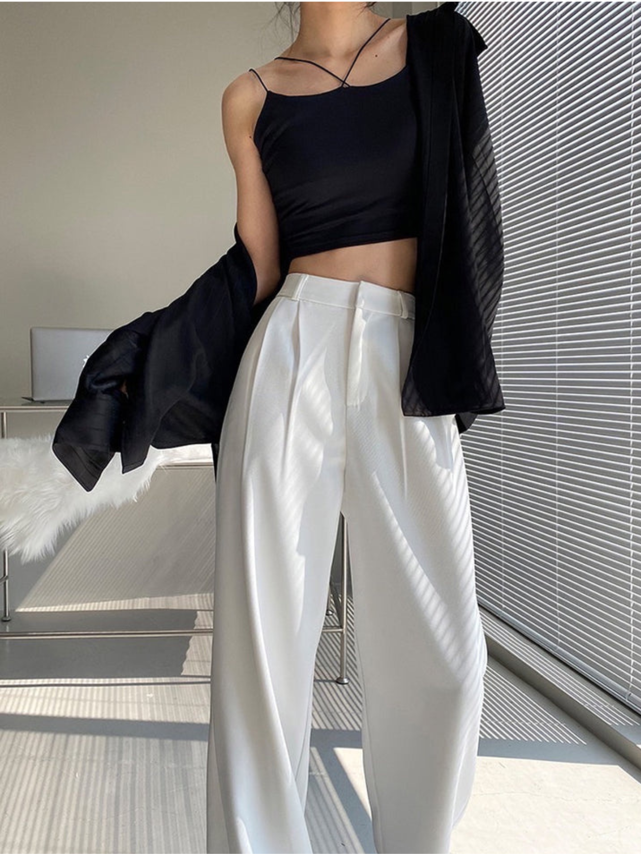 High Waist White Korean Trouser