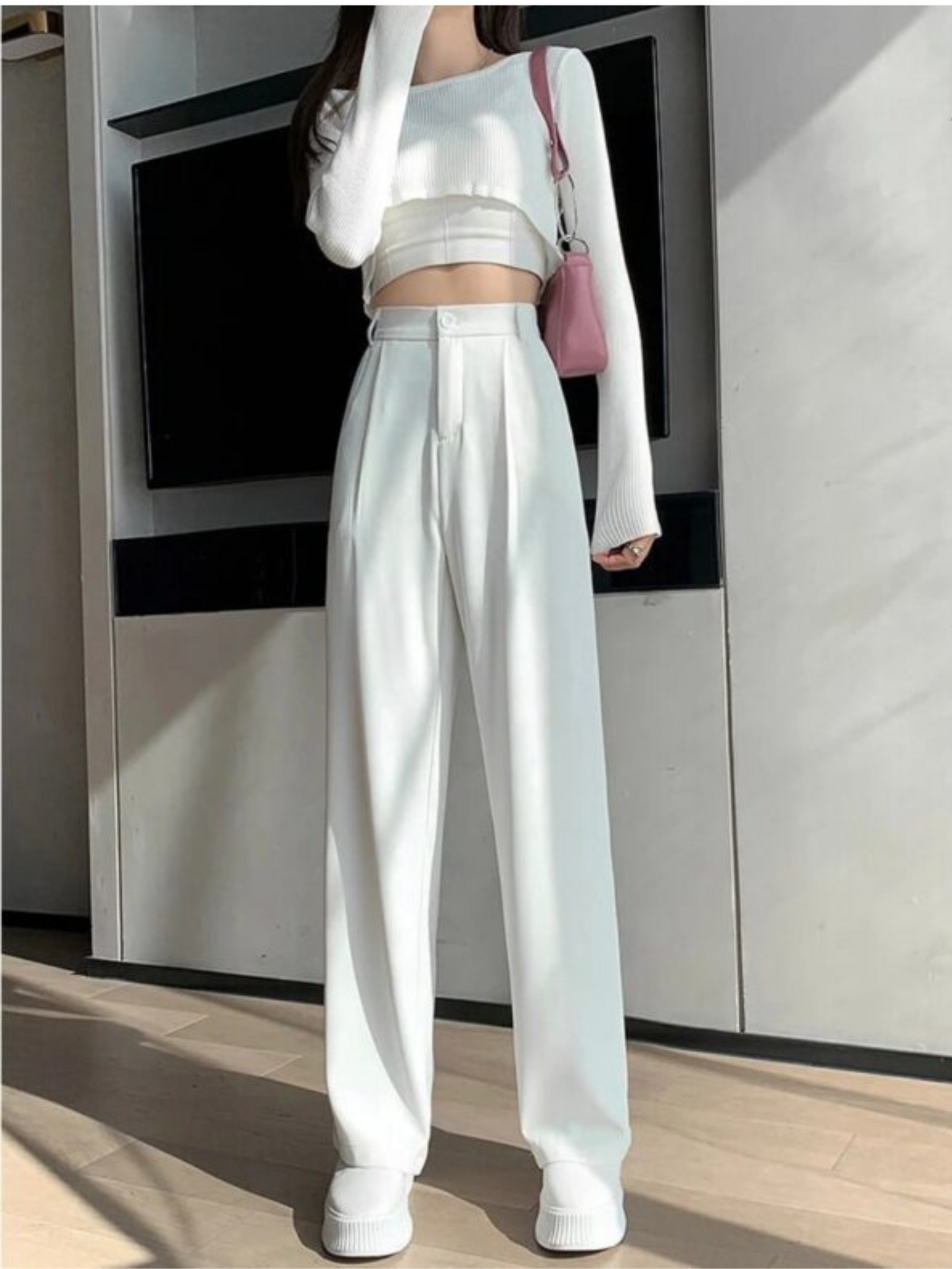 High Waist White Korean Trouser