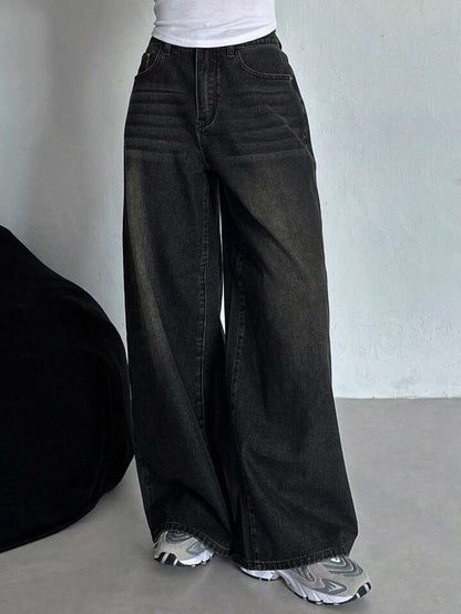 Acid Whisker Washed black super wide leg jeans - Fashion Wodrobe