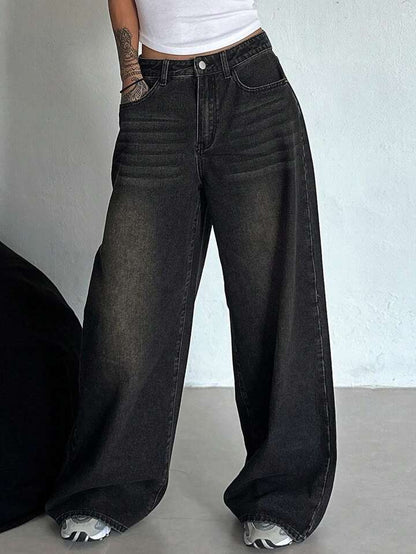 Acid Whisker Washed black super wide leg jeans - Fashion Wodrobe