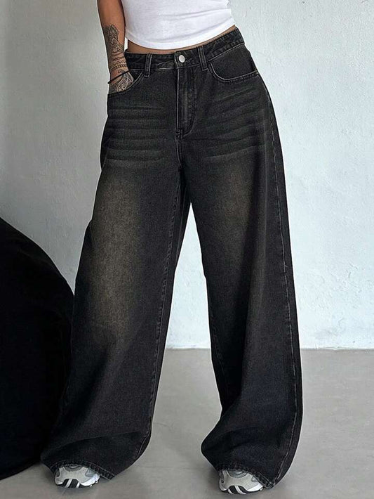 Acid Whisker Washed black super wide leg jeans - Fashion Wodrobe