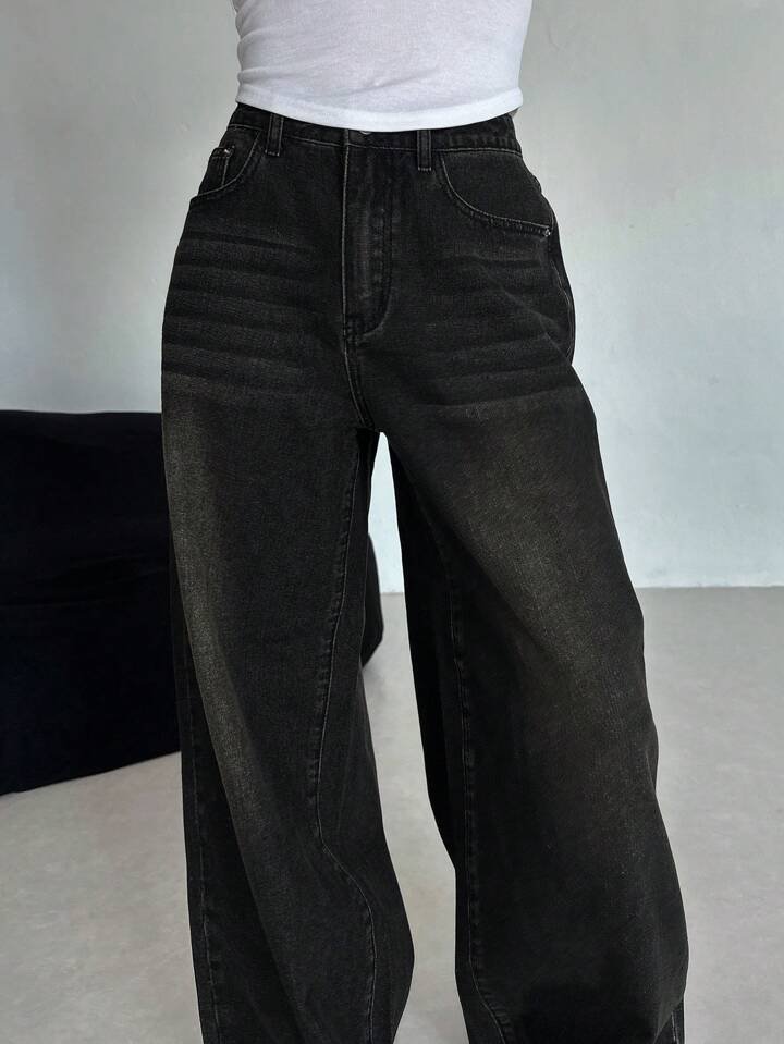 Acid Whisker Washed black super wide leg jeans - Fashion Wodrobe