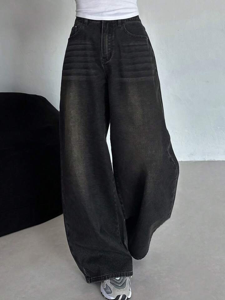 Acid Whisker Washed black super wide leg jeans - Fashion Wodrobe