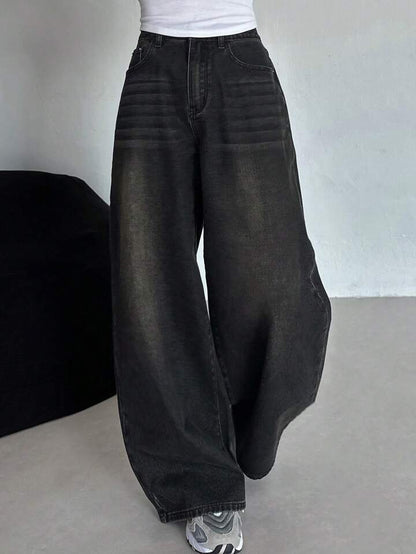 Acid Whisker Washed black super wide leg jeans - Fashion Wodrobe