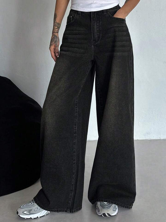 Acid Whisker Washed black super wide leg jeans - Fashion Wodrobe