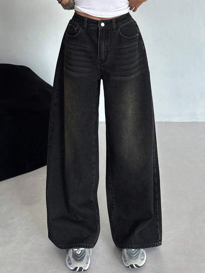 Acid Whisker Washed black super wide leg jeans - Fashion Wodrobe