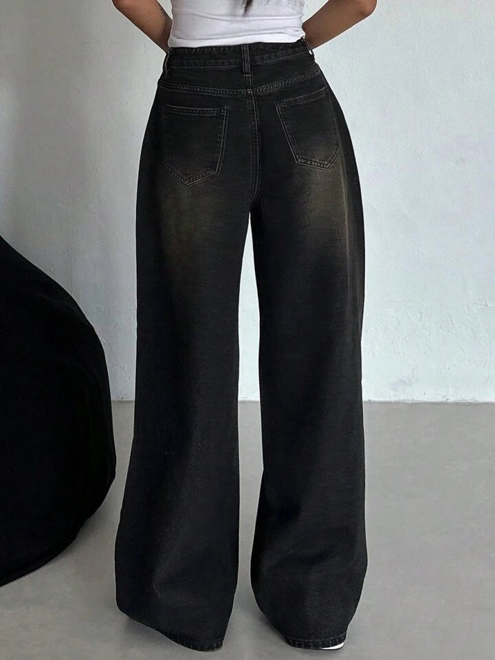 Acid Whisker Washed black super wide leg jeans - Fashion Wodrobe