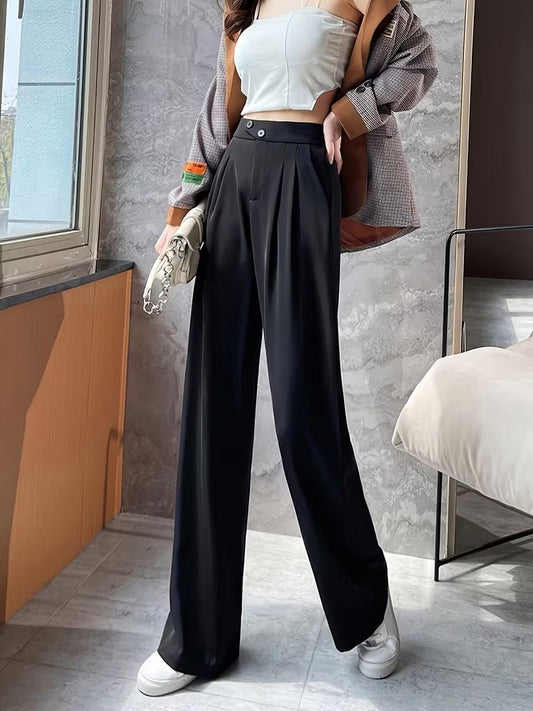 Black Tailored Button Highwaist Wide Leg Korean Pants - Fashion Wodrobe