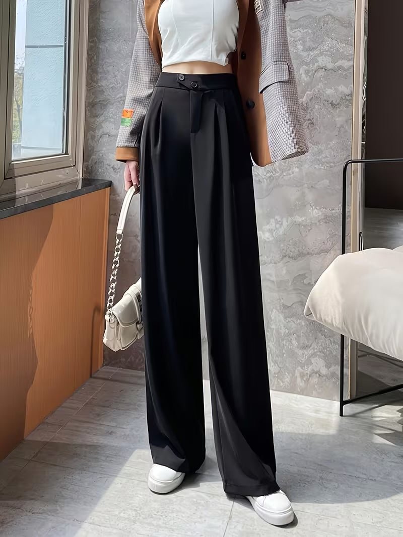 Black Tailored Button Highwaist Wide Leg Korean Pants - Fashion Wodrobe