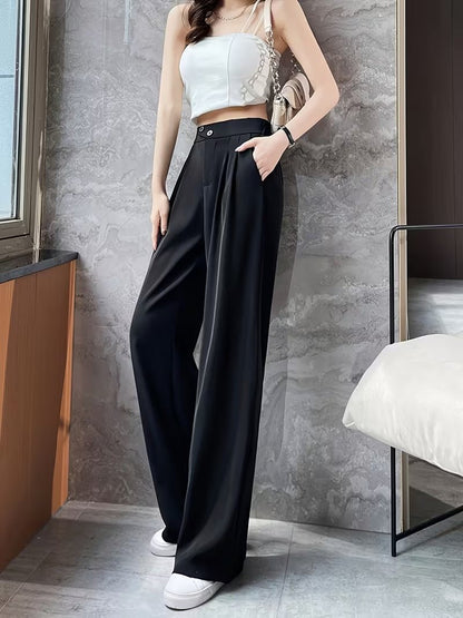 Black Tailored Button Highwaist Wide Leg Korean Pants - Fashion Wodrobe