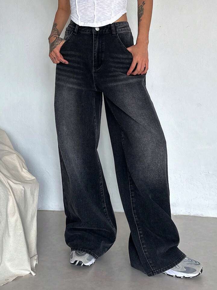 Black Whiker High Waist Super Wide Leg Jeans - Fashion Wodrobe
