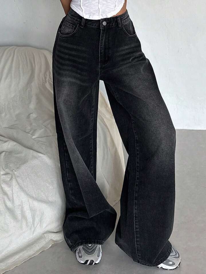 Black Whiker High Waist Super Wide Leg Jeans - Fashion Wodrobe