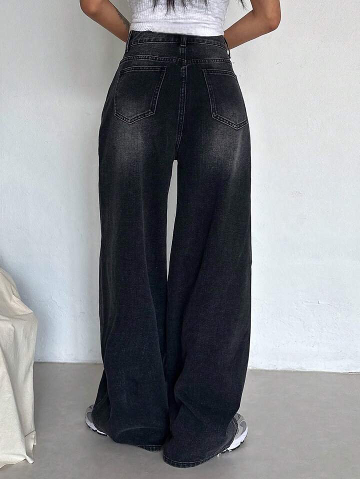 Black Whiker High Waist Super Wide Leg Jeans - Fashion Wodrobe