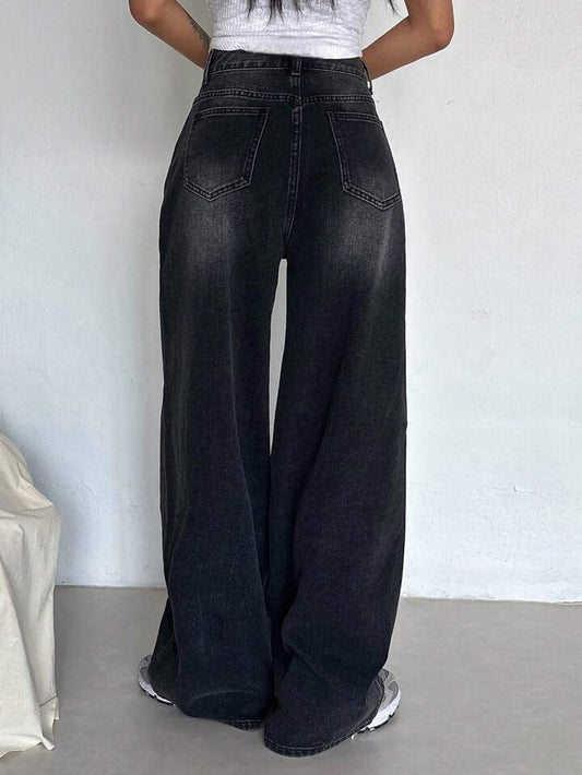 Black Whiker High Waist Super Wide Leg Jeans - Fashion Wodrobe