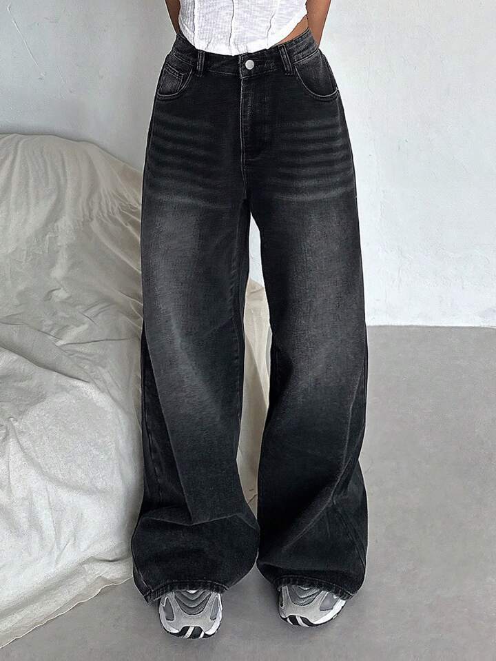 Black Whiker High Waist Super Wide Leg Jeans - Fashion Wodrobe