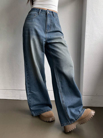 Classic Blue Brushed Retro Wash Super Wide Leg Jeans - Fashion Wodrobe
