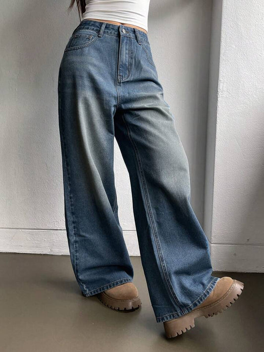 Classic Blue Brushed Retro Wash Super Wide Leg Jeans - Fashion Wodrobe