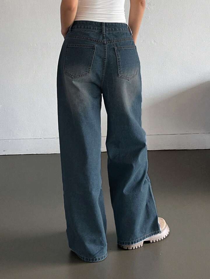 Classic Blue Brushed Retro Wash Super Wide Leg Jeans - Fashion Wodrobe