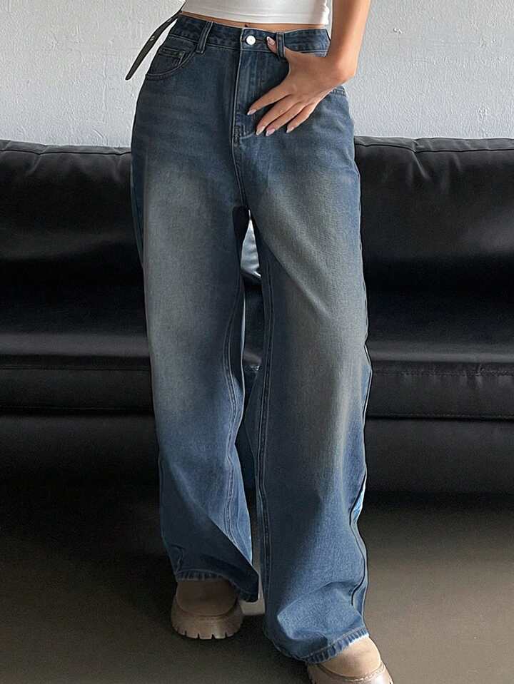Classic Blue Brushed Retro Wash Super Wide Leg Jeans - Fashion Wodrobe