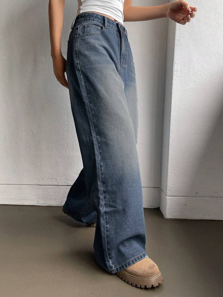 Classic Blue Brushed Retro Wash Super Wide Leg Jeans - Fashion Wodrobe
