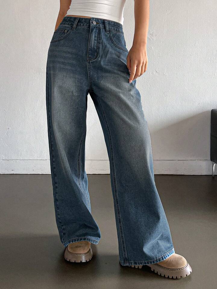 Classic Blue Brushed Retro Wash Super Wide Leg Jeans - Fashion Wodrobe