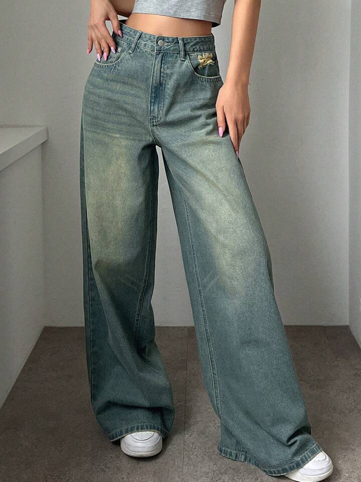Coastal Blue Tinted HighWaist Super Wide Leg Jeans - Fashion Wodrobe