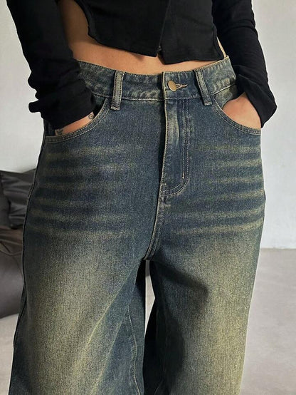 Greenish Vintage Whisker Wash High Waist Super Wide Leg Jeans - Fashion Wodrobe