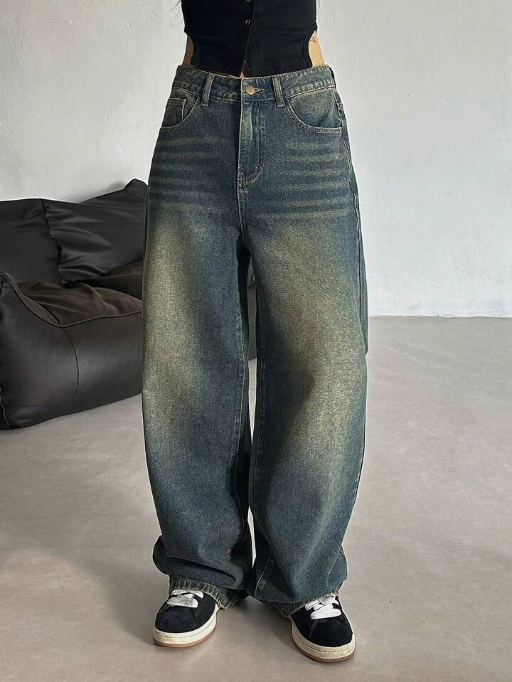 Greenish Vintage Whisker Wash High Waist Super Wide Leg Jeans - Fashion Wodrobe