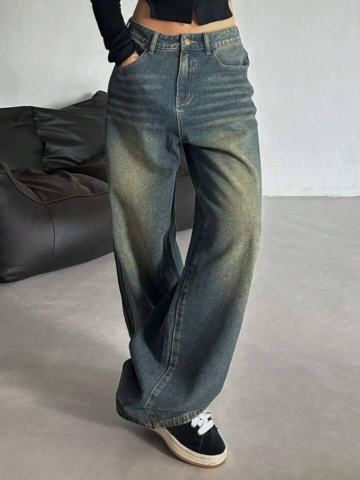 Greenish Vintage Whisker Wash High Waist Super Wide Leg Jeans - Fashion Wodrobe
