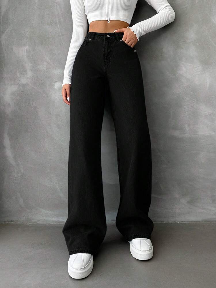High Waist Black Wide Leg Jeans - Fashion Wodrobe