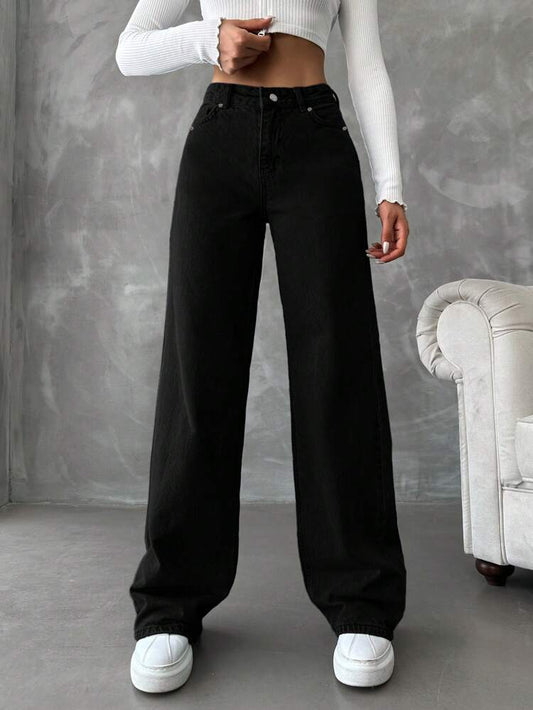 High Waist Black Wide Leg Jeans - Fashion Wodrobe