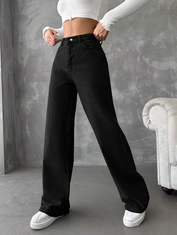 High Waist Black Wide Leg Jeans - Fashion Wodrobe