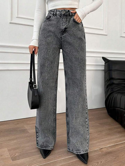 High waist cloud wash charcoal wide leg Jeans - Fashion Wodrobe