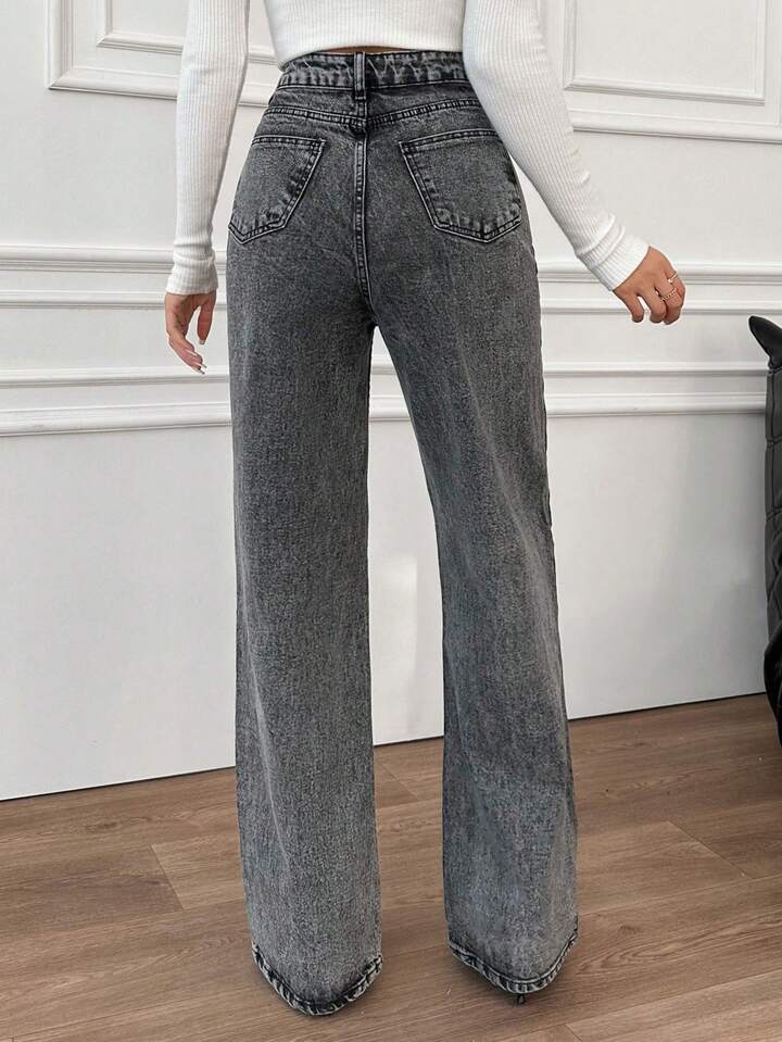 High waist cloud wash charcoal wide leg Jeans - Fashion Wodrobe