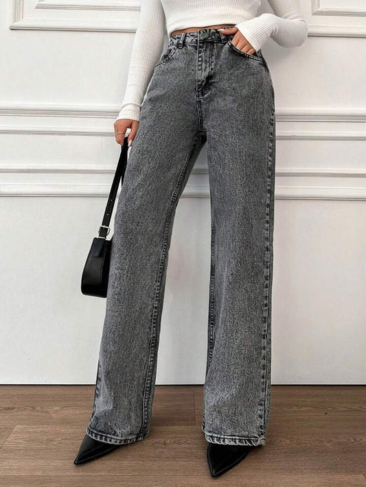 High waist cloud wash charcoal wide leg Jeans - Fashion Wodrobe