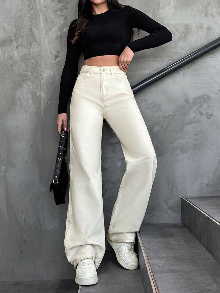 High Waist Cream Wide Leg Jeans - Fashion Wodrobe