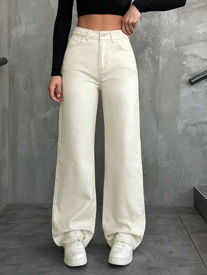 High Waist Cream Wide Leg Jeans - Fashion Wodrobe