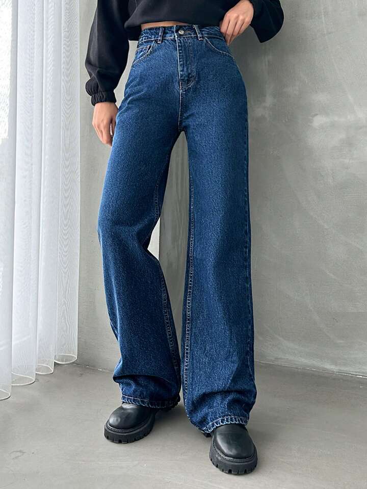 High Waist Dark Stone Blue Wide Leg Denim - Fashion Wodrobe