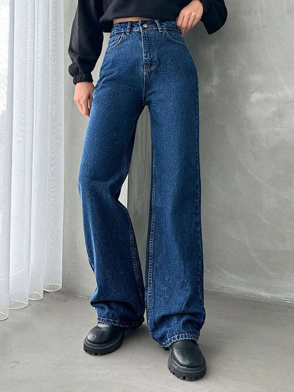 High Waist Dark Stone Blue Wide Leg Denim - Fashion Wodrobe